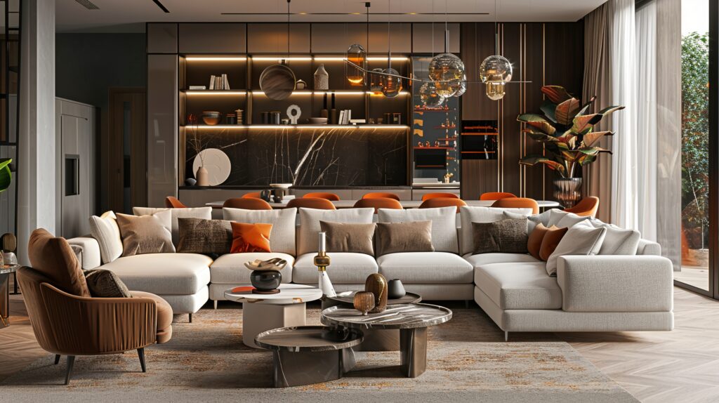 Create a high-resolution image of a modern, luxurious living room interior. The room should feature a large, L-shaped sofa in a neutral color with several decorative cushions in shades of orange and brown. Place a stylish, modern armchair on the left side of the sofa, and in front of the seating area, include a set of contemporary coffee tables with decorative items such as books, vases, and small sculptures. The background should showcase a sophisticated built-in shelving unit with decorative elements and lighting, leading into an open kitchen and dining area. On the right side, large floor-to-ceiling windows should allow natural light to flood the space, highlighting a tall potted plant near the windows. Ensure the overall design is cohesive, elegant, and inviting, with a mix of textures and materials that create a warm and sophisticated atmosphere. - --ar 16:9 Job ID: 0f8d7747-1ad6-4ce4-ba18-6eb9068ce150